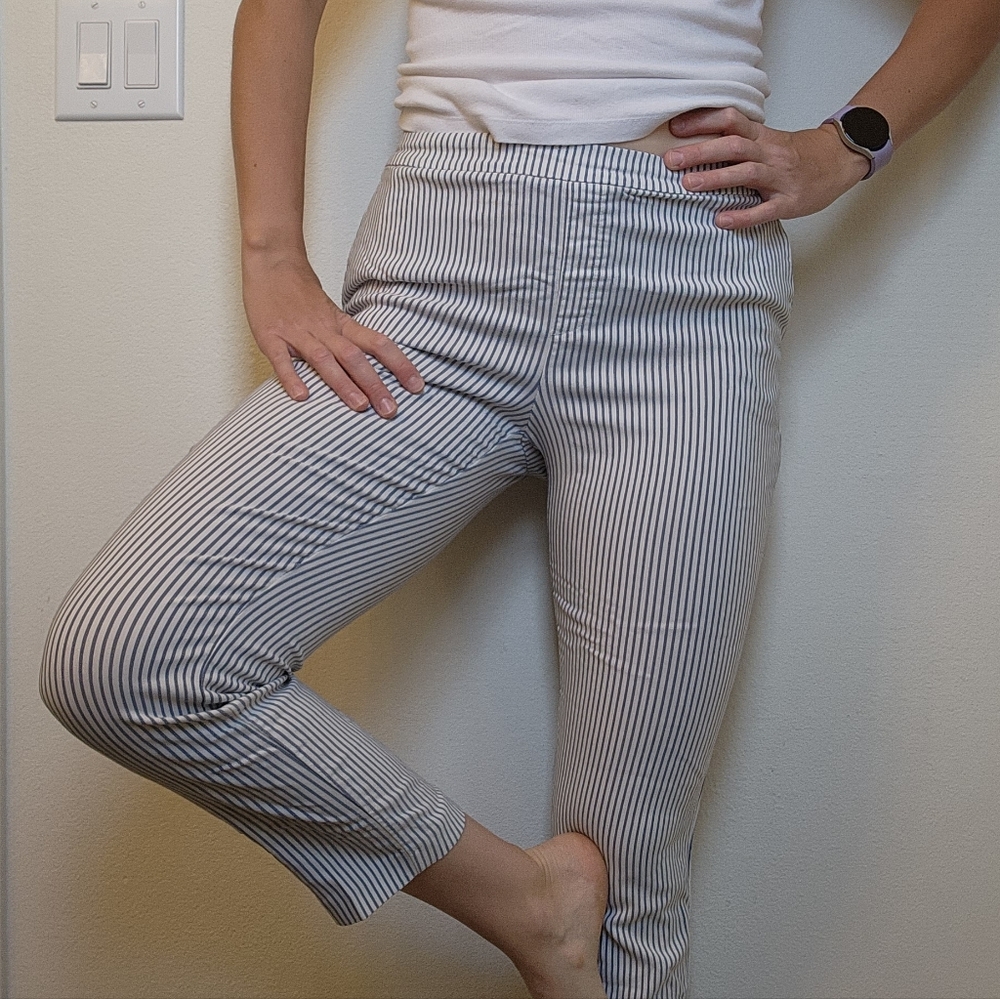 White dress pants with light blue stripes.